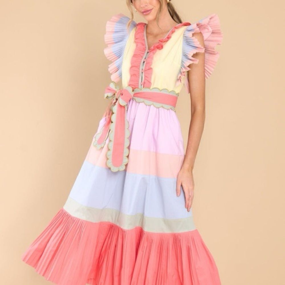 Celia B Marcellene Ruffled Pleated Scalloped Embroidered Midi Dress *Flaw Large